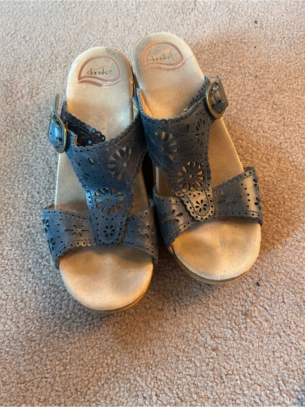Dansko Black Laser-Cut Leather Buckle Slide Clogs